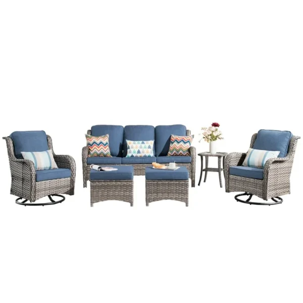 Ovios 6-Piece Patio Furniture Set Wicker Swivel Chair & Table with Denim Blue Cushion for Balcony